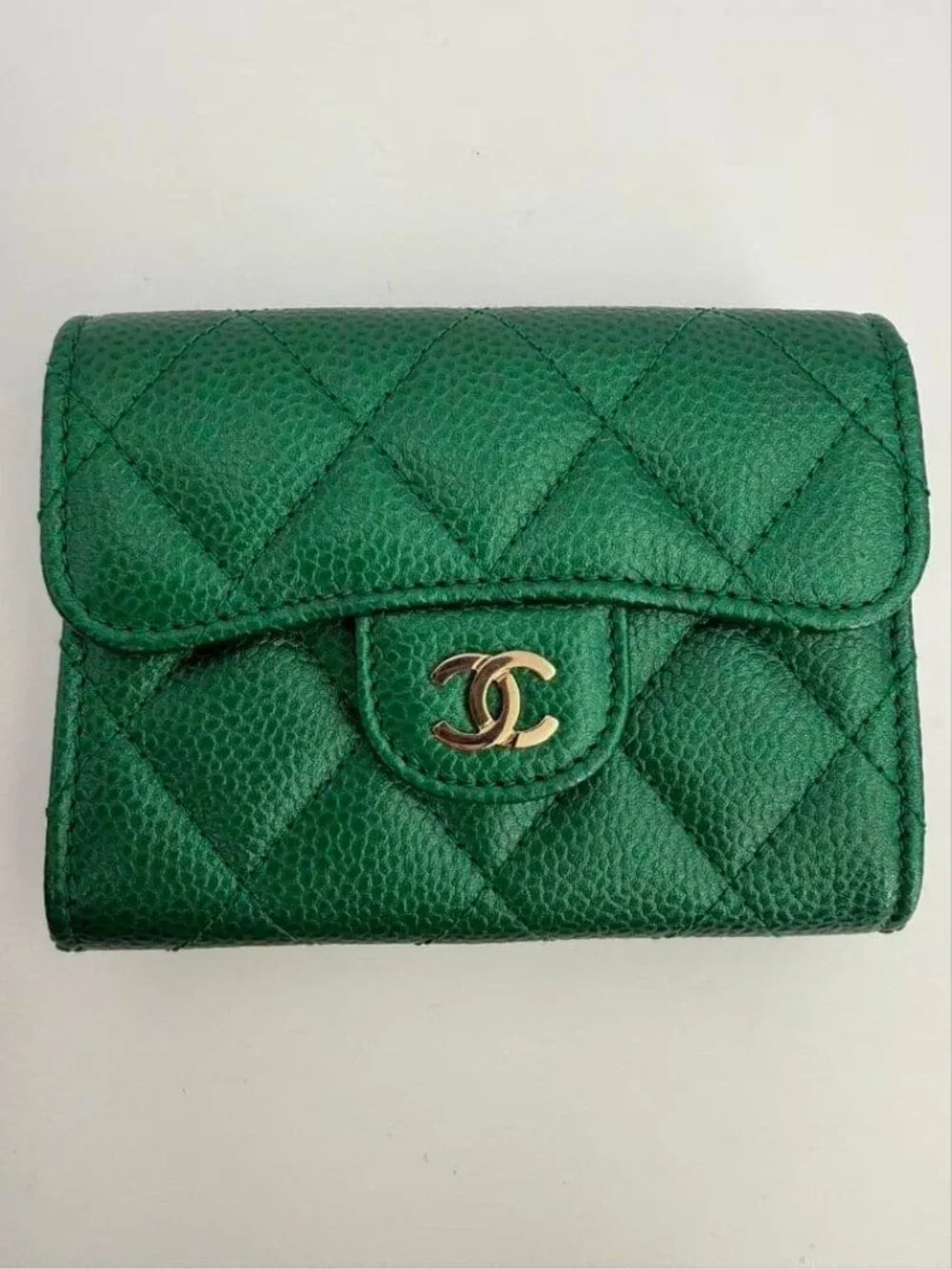 Chanel Emerald Green Metallic Caviar Leather Card Case